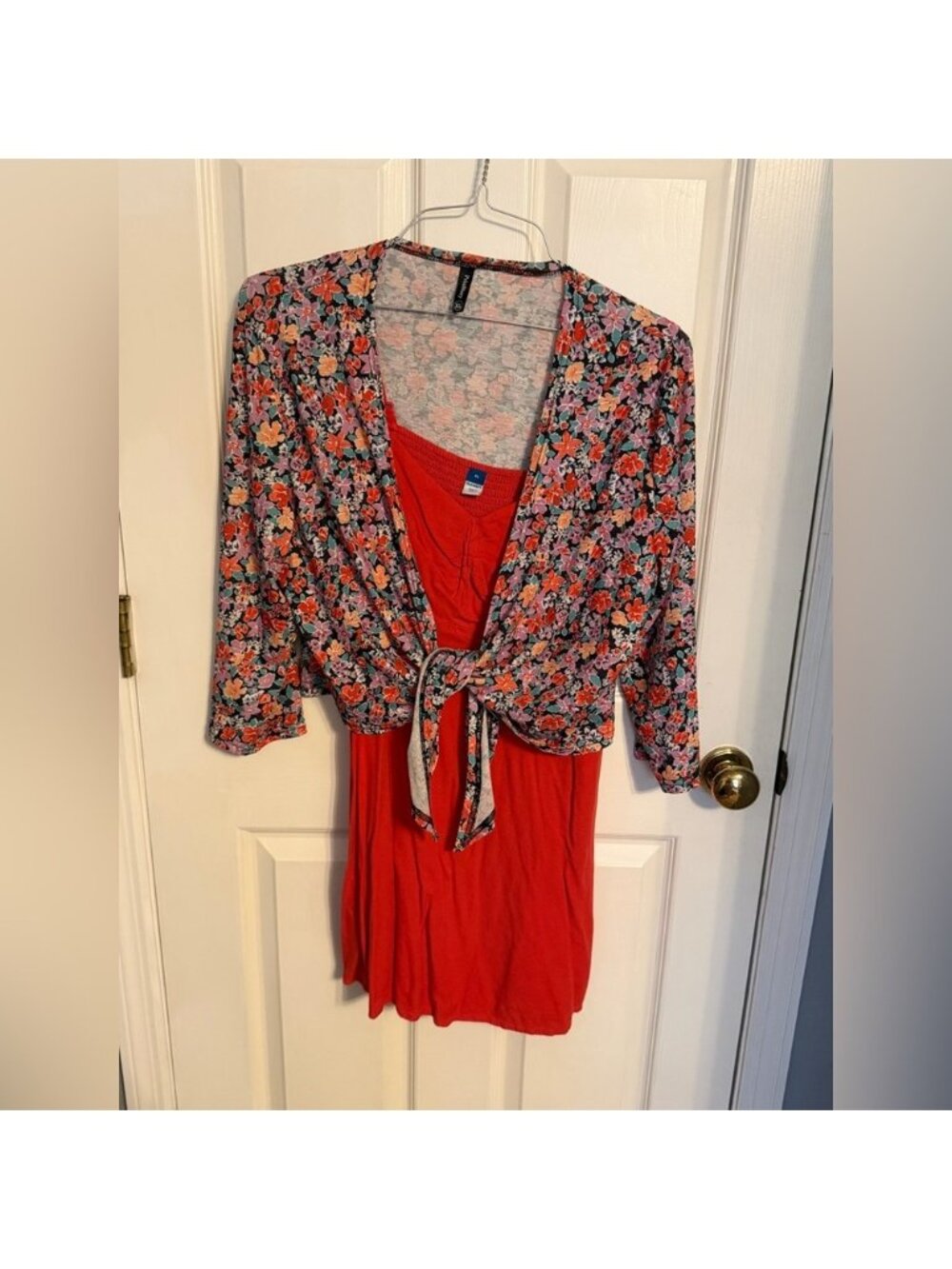 Old Navy Red Dress with Floral Cardigan